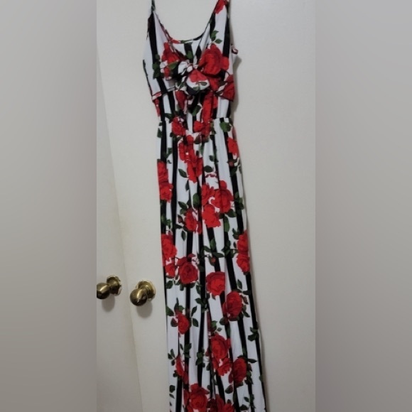 MadRag Pants - RED ROSES JUMPSUIT by MAD RAGS SLIMMING RED ROSES VERTICAL STRIPES size M EUC